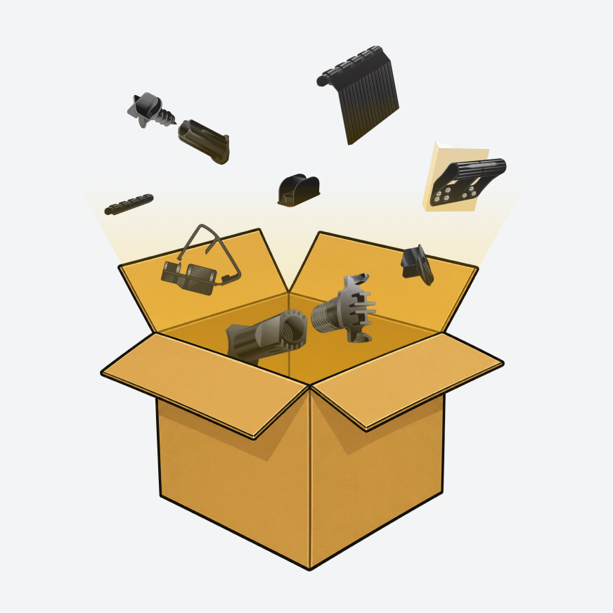 A cartoon graphic of a cardboard box with DOORFRAMER products floating out of it.