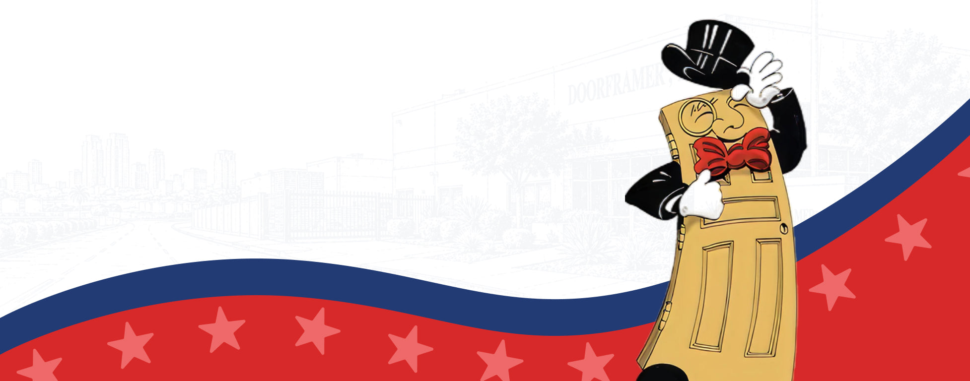 A cartoon door mascot with a top hat and a monocle.