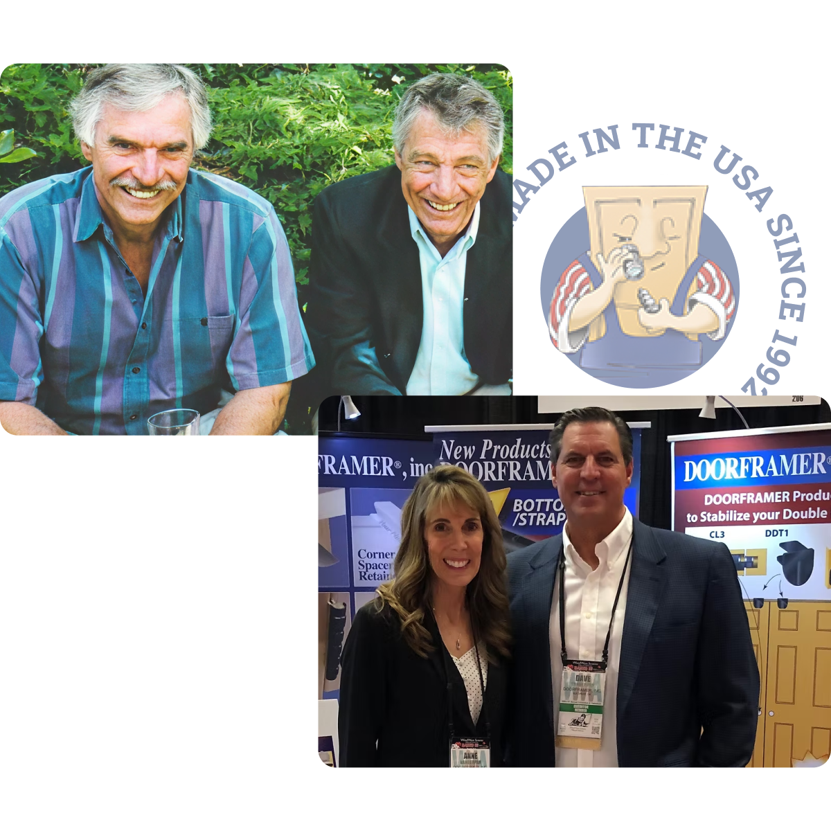 A collage of photos featuring DOORFRAMER's founders and Dave and Anne Vanderpan, CEO and VP of Marketing of DOORFRAMER, INC. respectively.