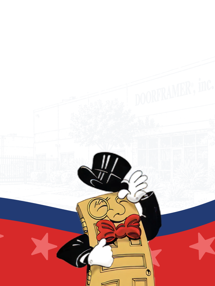 A stylized cartoon illustration of a door-shaped character wearing a black top hat, black suit, white gloves, and a red bow tie, standing in front of a red, white, and blue striped background with white stars.