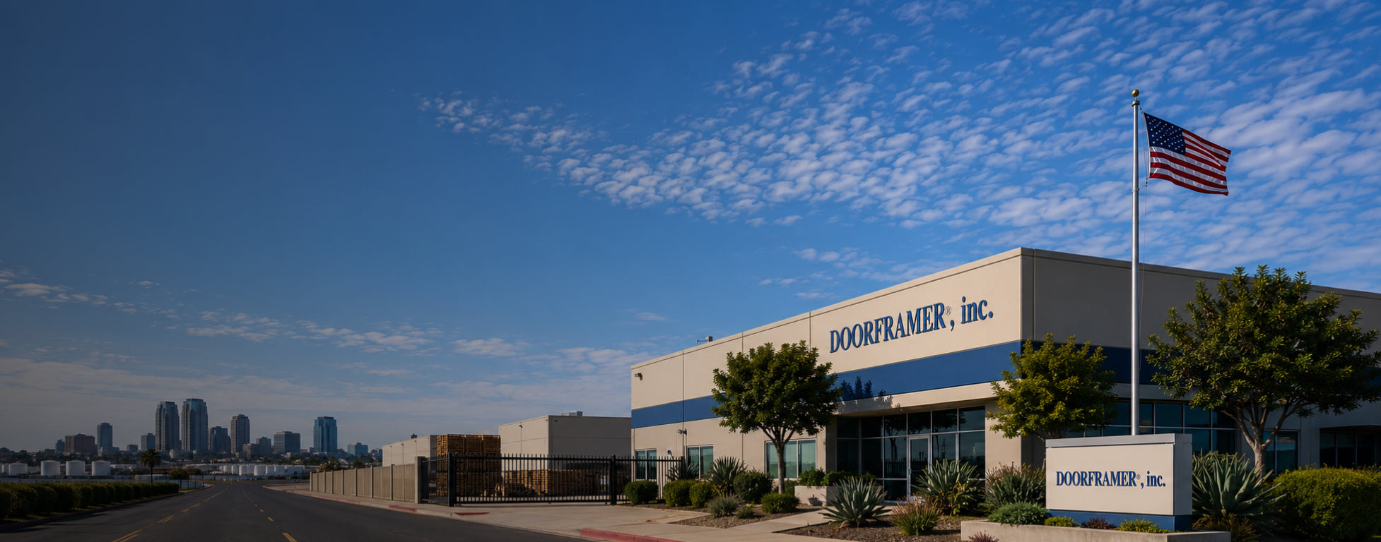 A wide exterior shot of a DOORFRAMER, Inc. warehouse building under a blue sky with scattered clouds, featuring an American flag on a pole, a sign in the foreground, and a distant city skyline on the left.