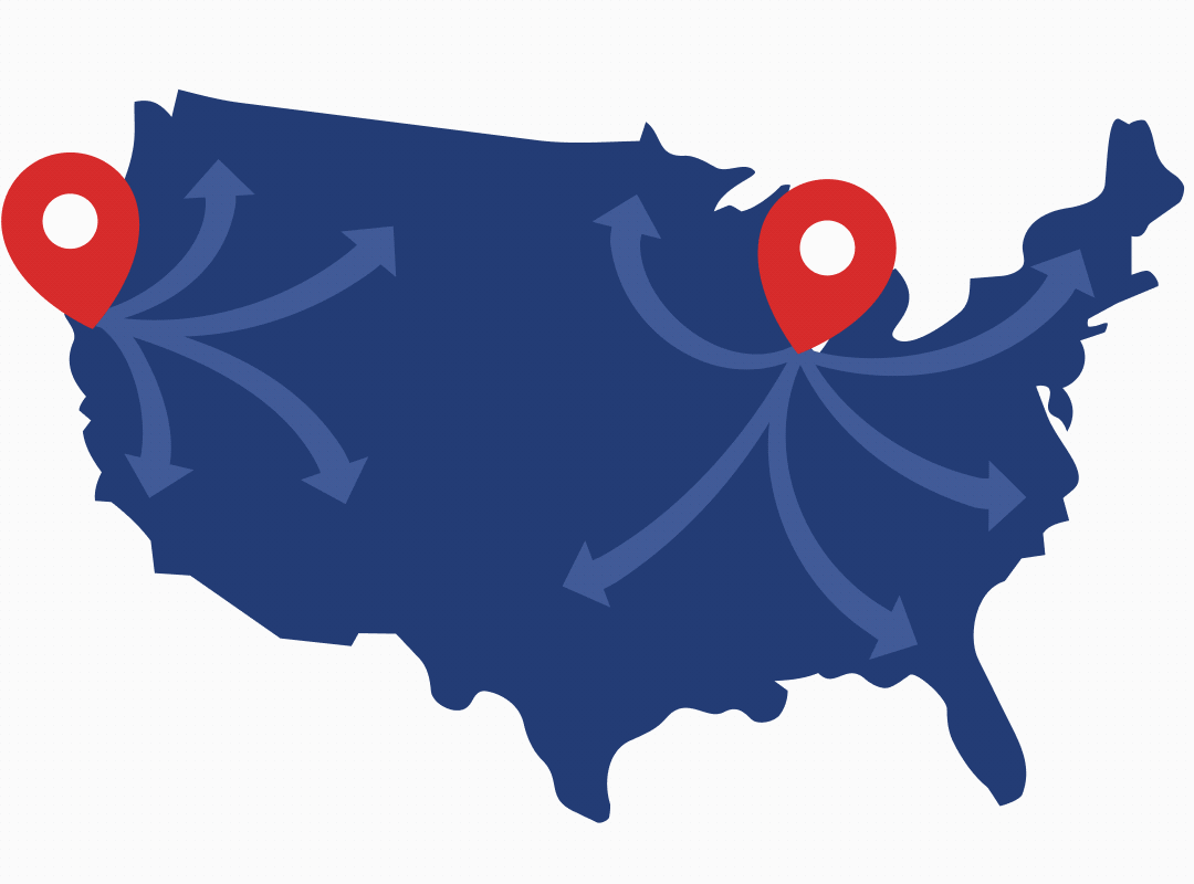 A map of the USA with DOORFRAMER's production facilities marked by pins.